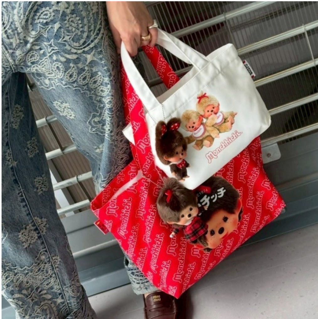 Anime Tote Bag - Tas tangan kanvas Monchichi kartun Jepang,